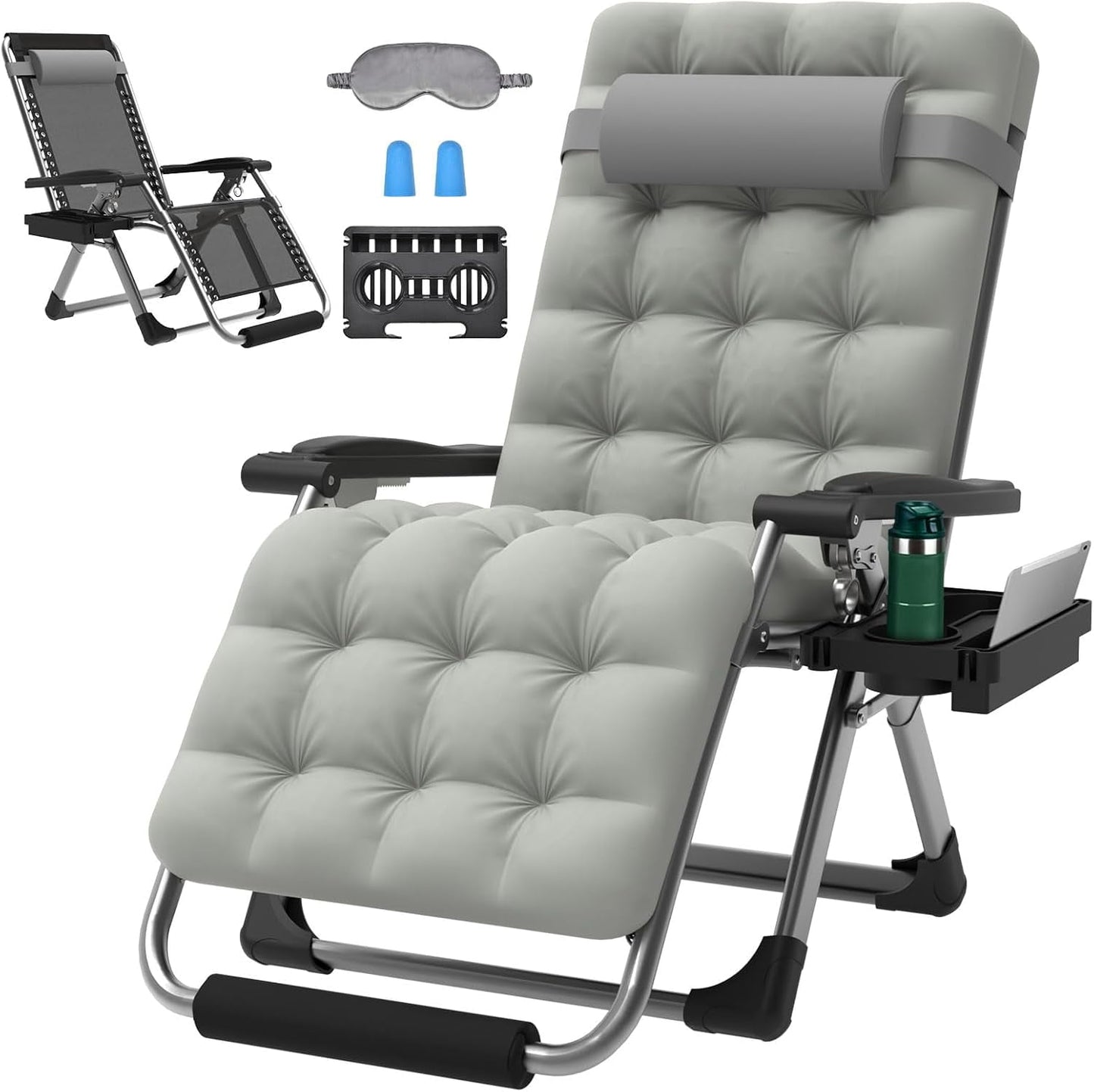 PNKKODW Oversized Zero Gravity Chair,29In XL Lounge Chair w/Removable Cushion&Headrest, Reclining Camping Chair w/Upgraded Lock and Footrest, Reclining Patio Chairs Recliner for Indoor Outdoor Gray