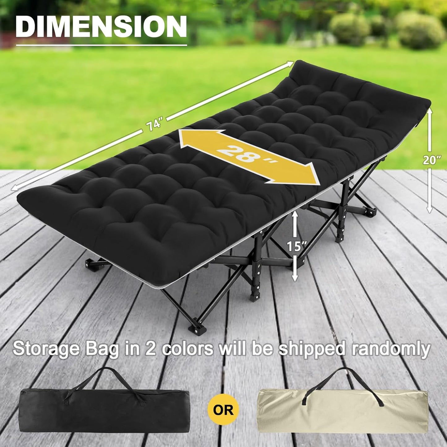 PNKKODW Camping Cot, Folding Camping Cots for Adults, Portable Sleeping Cot with Carry Bag, 1200D Double Layer Oxford, Camp Cot Bed for Guest Travel, Hiking, Support 500lbs, Black