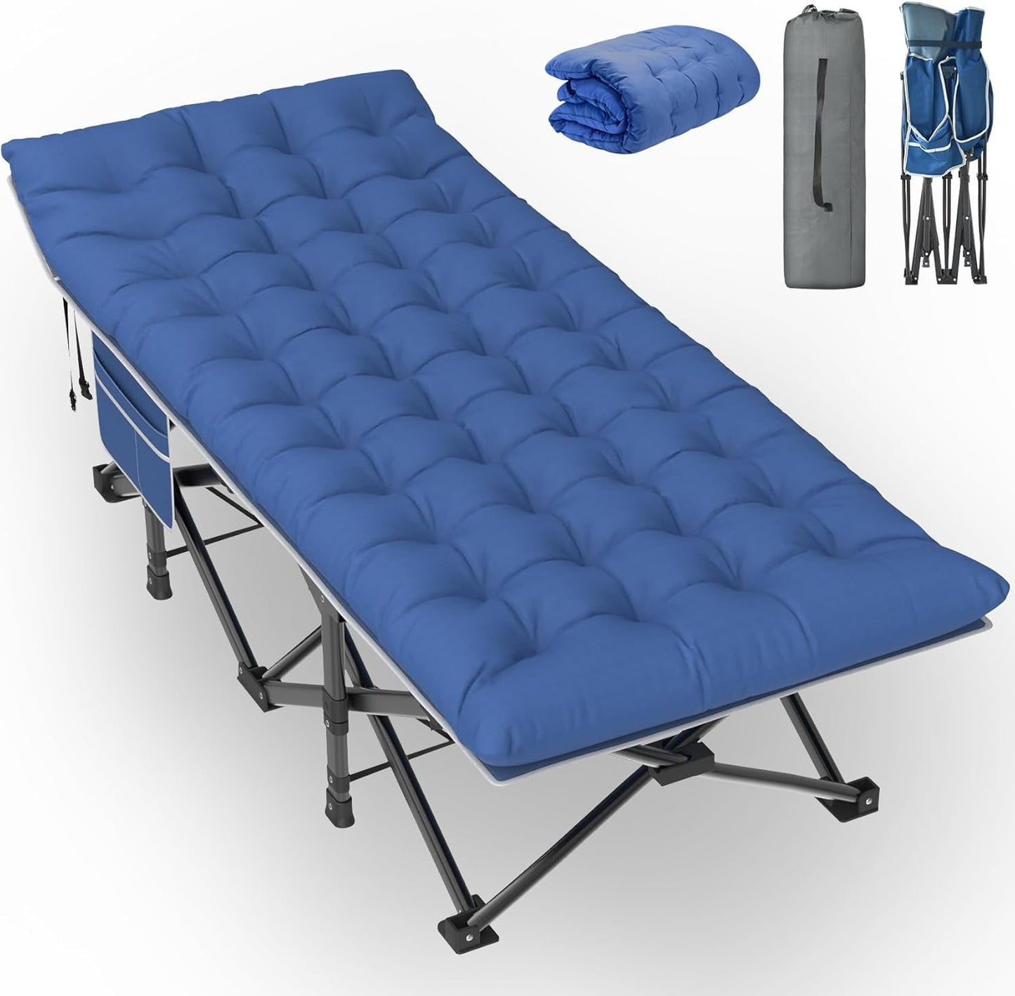 PNKKODW 75"x32" XXL Folding Camping Cot for Adults with Mattress, Portable Camping Bed, Sleeping Cot with Carry Bag for Office Home Nap, Outdoor, Camping, Travel, Max Load 500lbs Blue Cot+Blue Pad