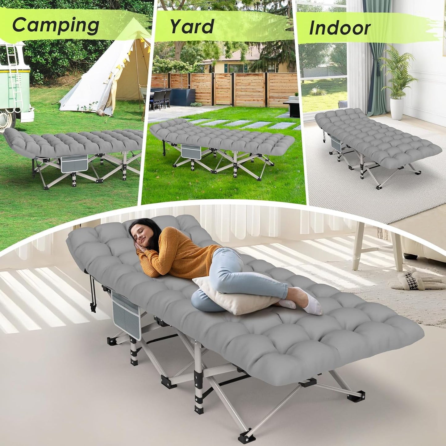 PNKKODW 28" XL Folding Camping Cot for Adults with Mattress, Gray Cot Gray Pad