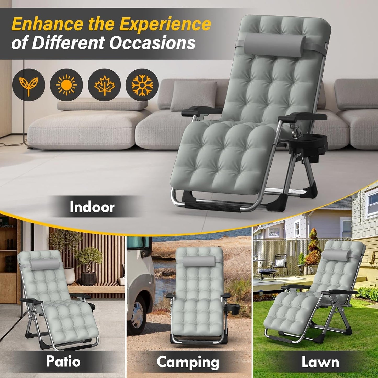 PNKKODW Zero Gravity Chair w/Removable Cushion & Cup Holder, Adjustable Lawn Recliner, 440lbs Capacity Gray