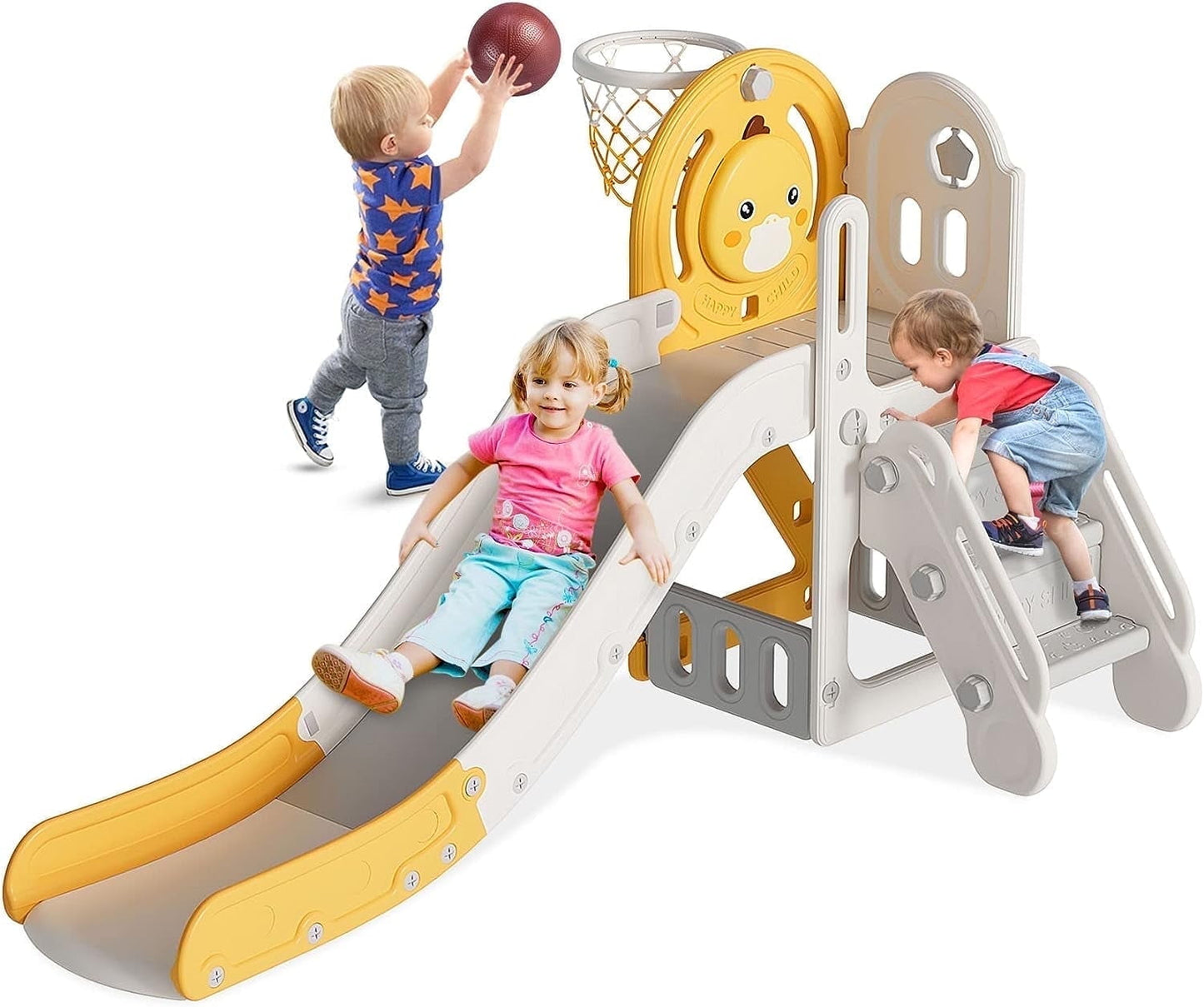 PNKKODW 154lbs 5 in 1 Toddler Slide for Kidss Age 1-3 w/ Basketball Hoop and Ball Indoor Outdoor Backyard Playground Baby Toy lide Cute Duck Theme Yellow