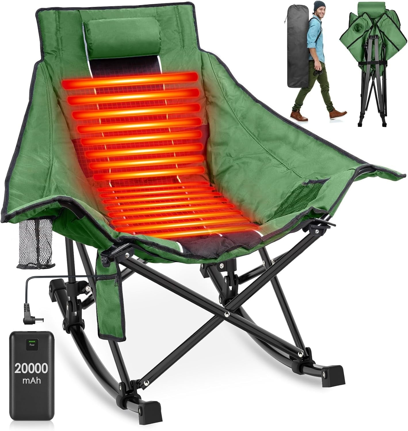 PNKKODW Heated Camping Rocking Chair w/20000mAh Power Bank Oversized Portable Folding Outdoor Chair for Winter Camp Lawn Sports Olive