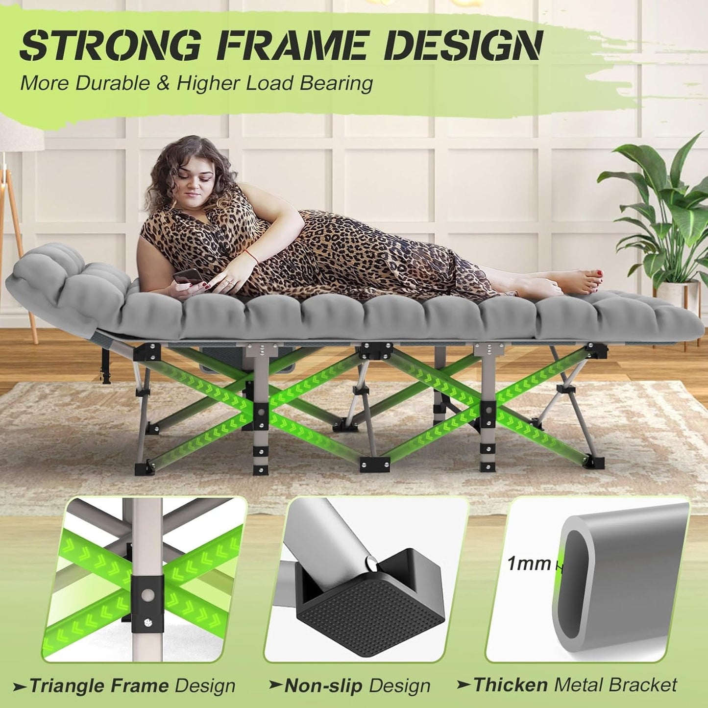 PNKKODW 28" XL Folding Camping Cot for Adults with Mattress, Gray Cot Gray Pad