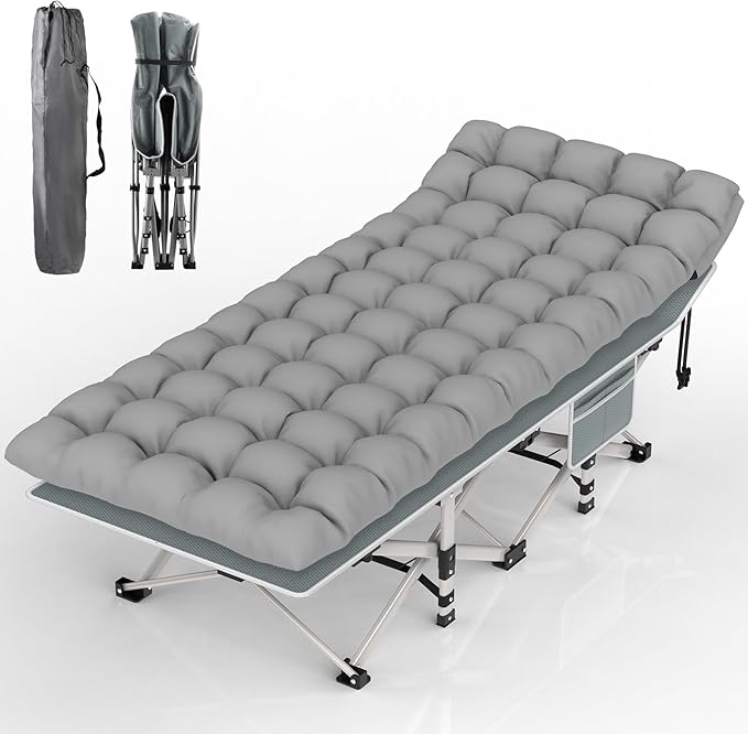 PNKKODW Folding Camping Cot Bed for Adults, 1200D Double Layer Oxford W/Soft Pad Carry Bag for Home Office Nap Beach Travel, Grey Cot Gray Pad