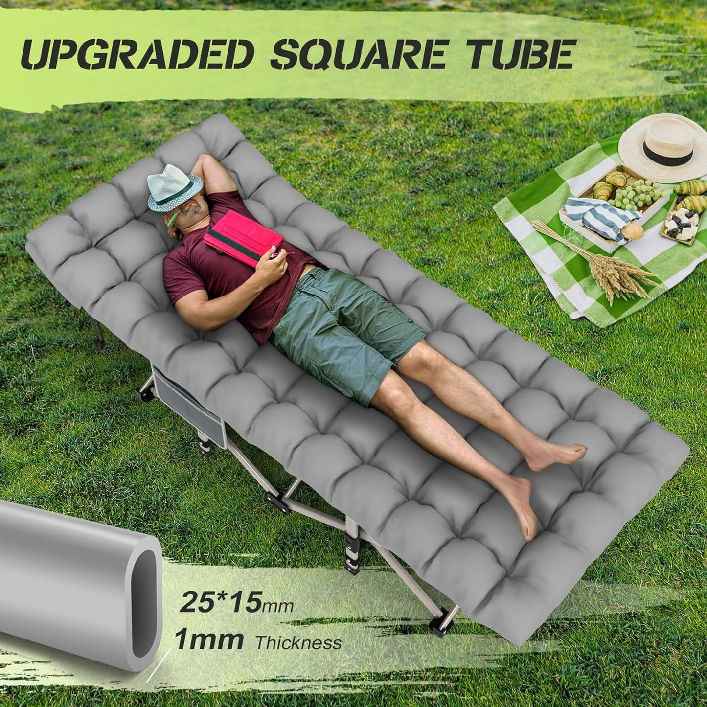 PNKKODW 28" XL Folding Camping Cot for Adults with Mattress, Gray Cot Gray Pad