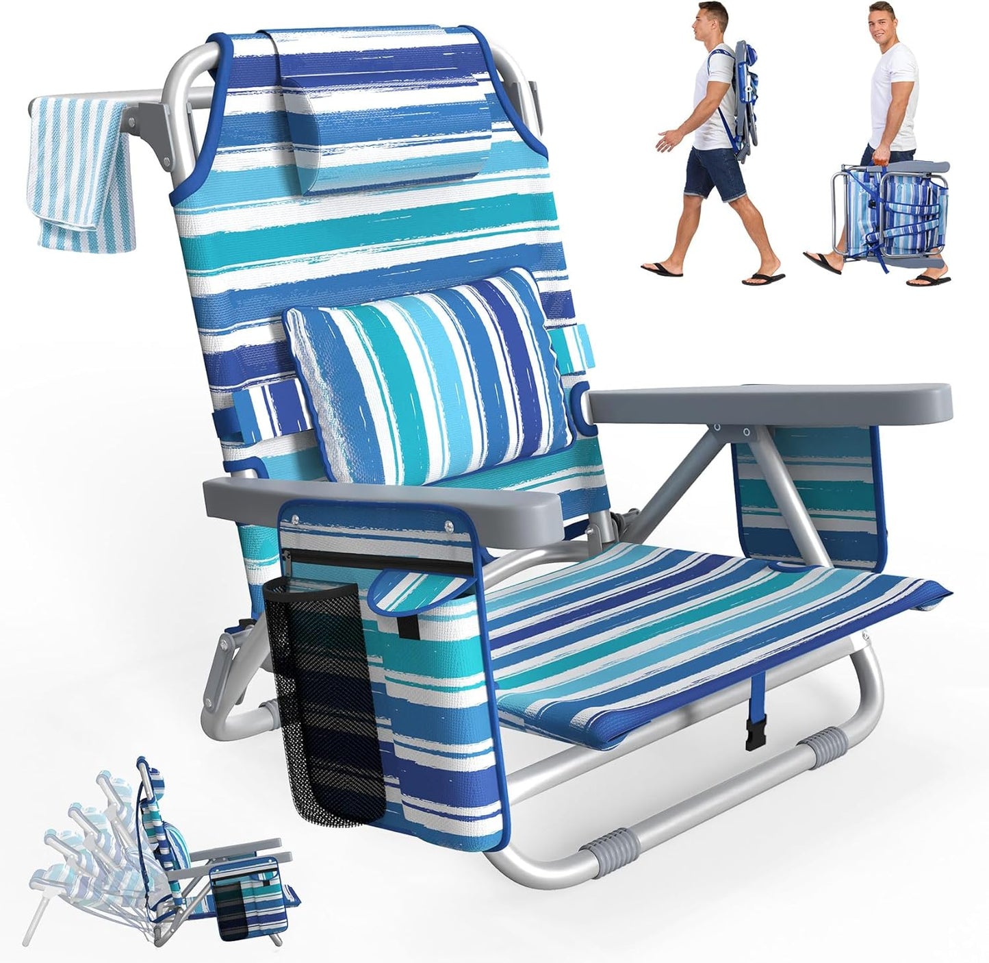PNKKODW Beach Chair, Adjustable 5-Position Backpack Beach Chairs for Adults Kids, Reclining Beach Chair with Cooler Bag, Cup Holder and Lumbar Pillow, Foldable Lay Flat Chair for Beach Lawn Outdoor