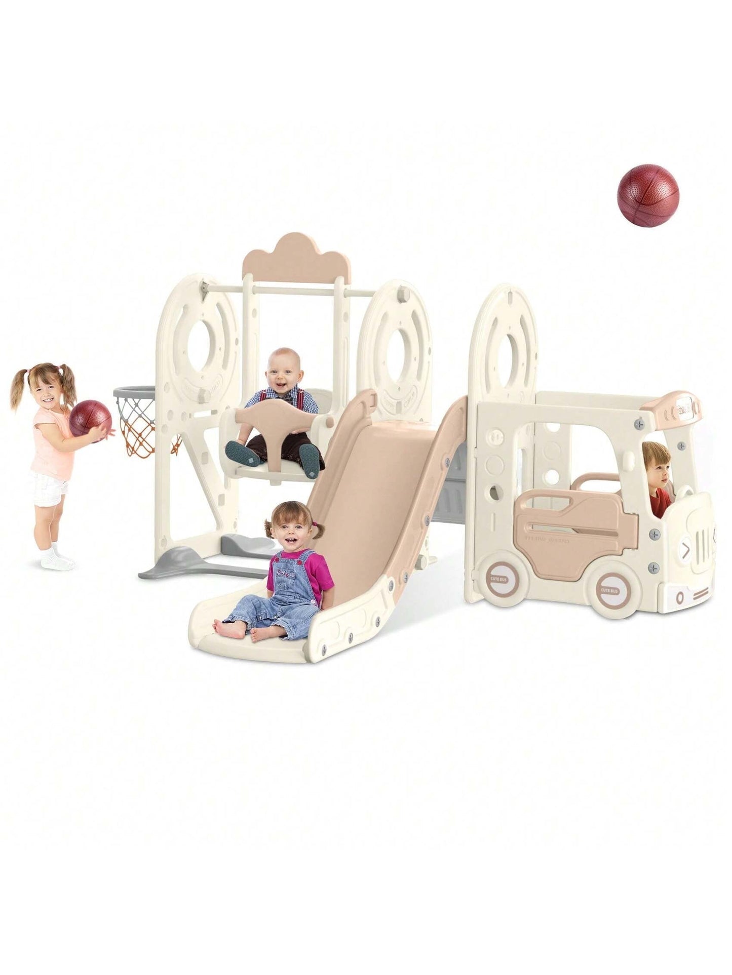 PNKKODW 5 In 1 Toddler Slide And Swing Set, Kid Slide For Toddlers, Bus Themed Baby Slide With Basketball Hoop, Indoor And Outdoor Slide Toddler Playset Toddler Playground