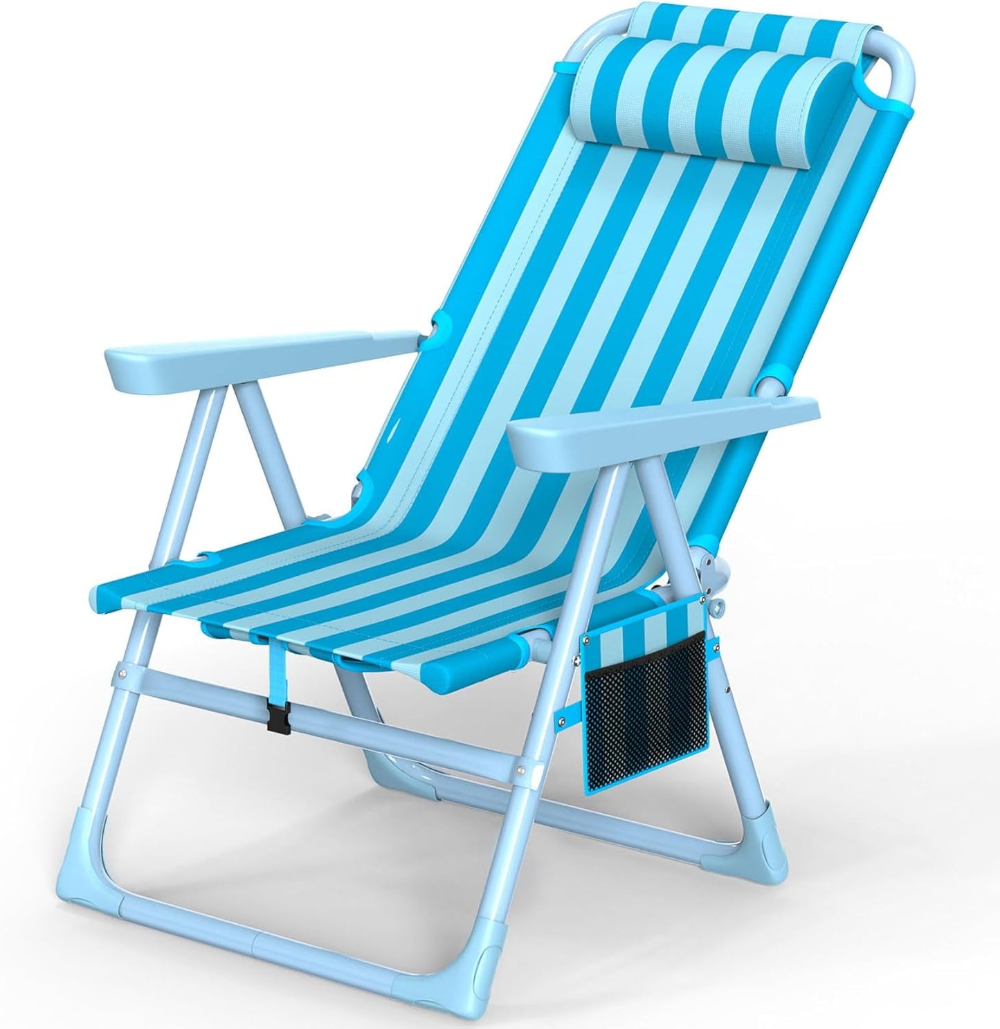 PNKKODW Backpack Beach Chair, 6-Positions Beach Chairs for Adults with Cooler Bag, Reclining Beach Chair with Cup Holder Folding Camping Chair for Sand Outdoor Sky Blue
