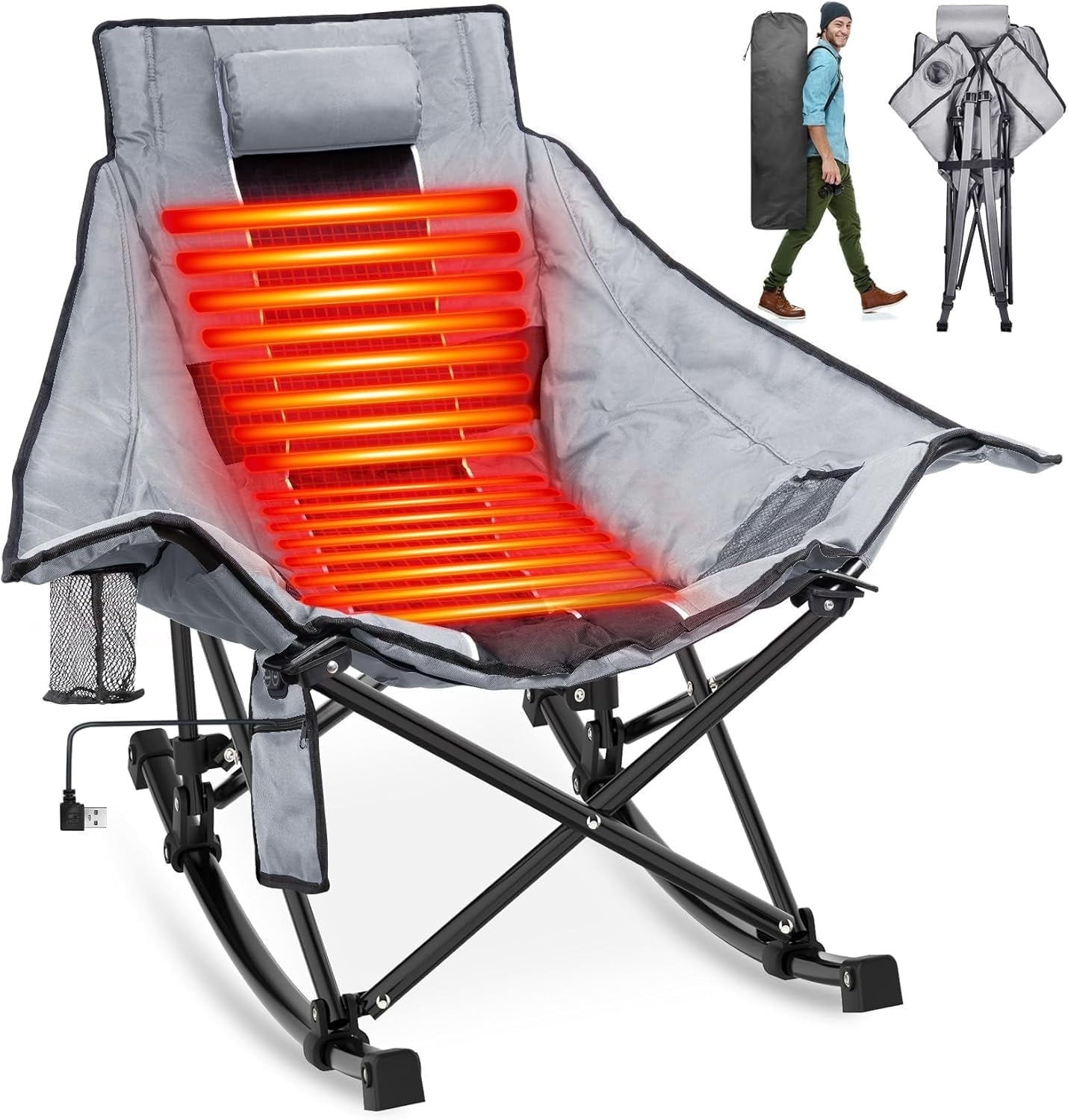 PNKKODW Heated Oversized Camping Rocking Chair with 3 Heat Levels, Portable Folding Heated Chair for Camp, Lawn, Sports, Winter Use (Battery NOT Included)