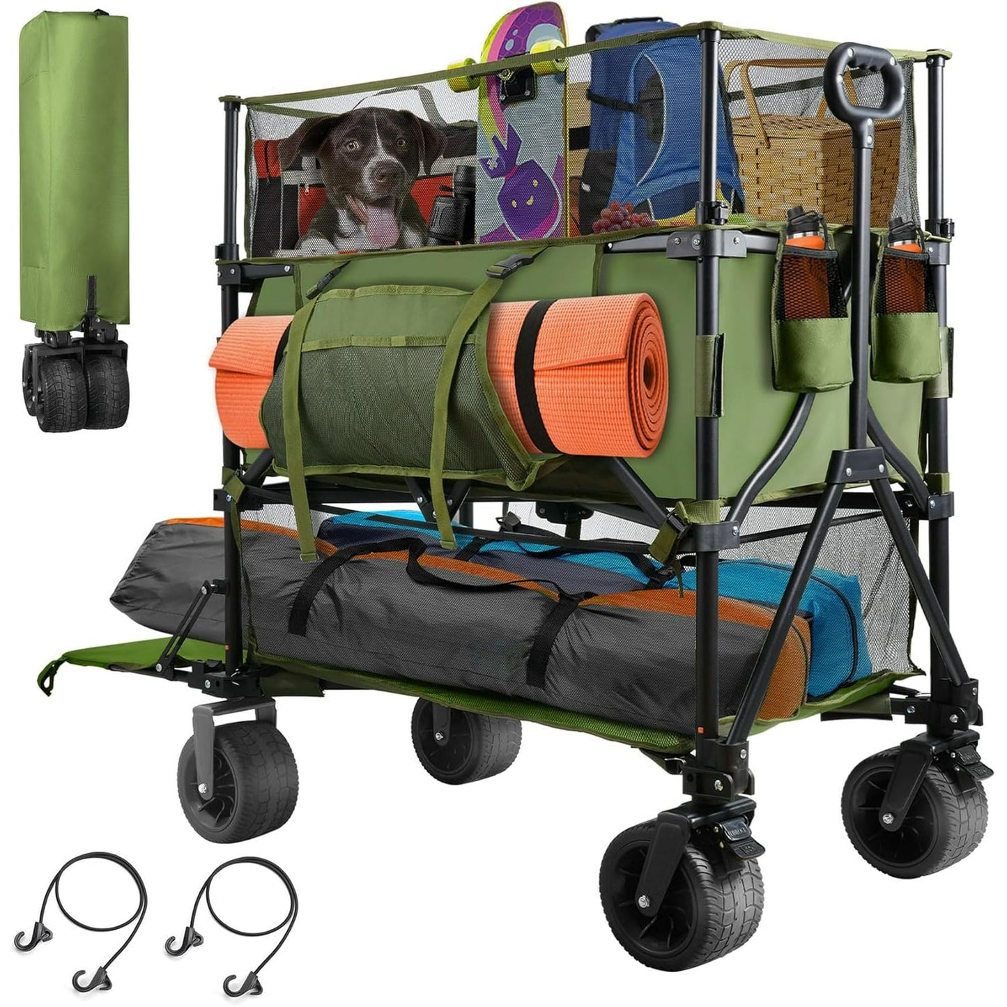 PNKKODW 550L XXL Foldable Double Decker Wagon-Greater Capacity,360° Adjustable Handle Heavy Duty 550LBS Collapsible Cart with 54" Extra Extender,All Terrain Double-Locking Brack Wheels (Olive Green)
