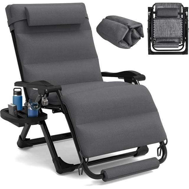 PNKKODW Oversized Zero Gravity Chairs, XL Anti Gravity Chair, Folding Lounge Recliner, Reclining Patio Chair for Lawn Backyard w/Washable Cushion Cover, Cup Holder, Support 350lbs, Gray
