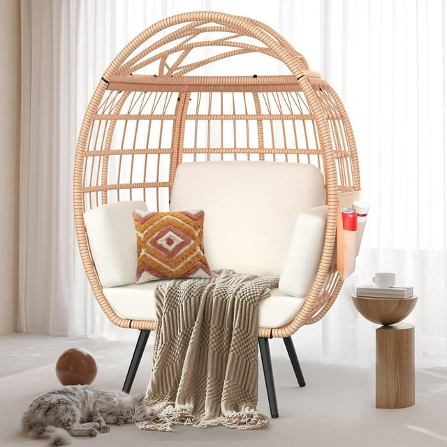 PNKKODW Oversized Stationary Wicker Egg Chair, Indoor Outdoor Egg Lounger Chairw/ 4 UV Resistant Cushions, Storage Bag for Patio, Backyard, Living Room, Brown - White