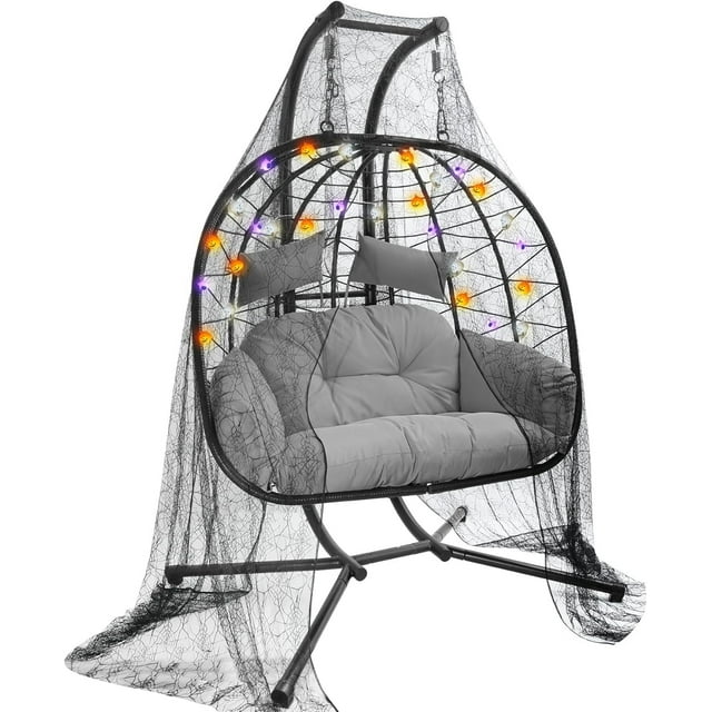 PNKKODW Halloween Double Widcker Swing Egg Chair with Stand, 2 Person Egg Chair with Halloween Spider Cloth and String Lights, for Indoor Outdoor Bedroom Patio Halloween Party Decorations