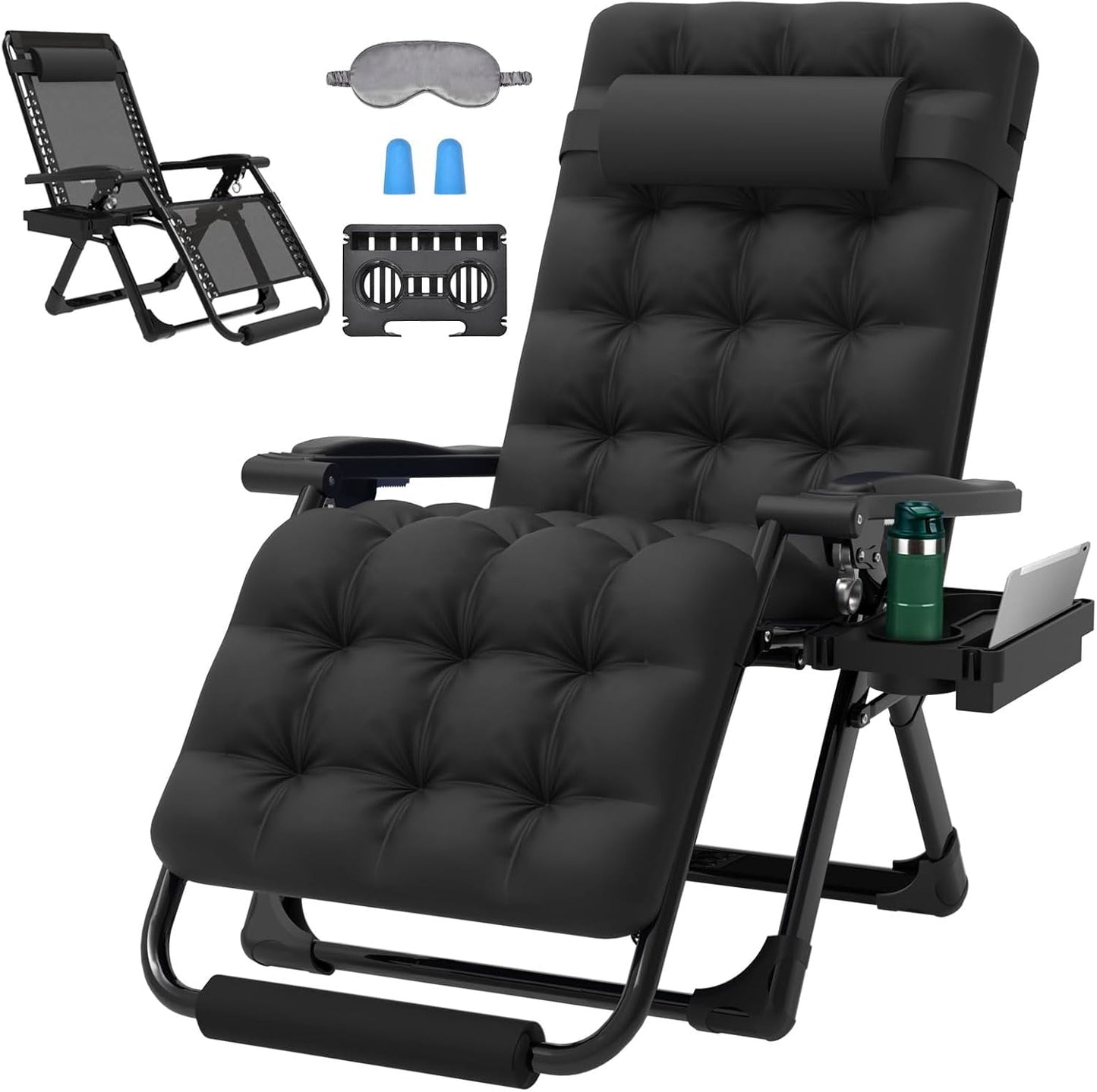 PNKKODW Oversized Zero Gravity Chair,29In XL Lounge Chair w/Removable Cushion&Headrest, Reclining Camping Chair w/Upgraded Lock and Footrest, Reclining Patio Chairs Recliner for Indoor Outdoor Black