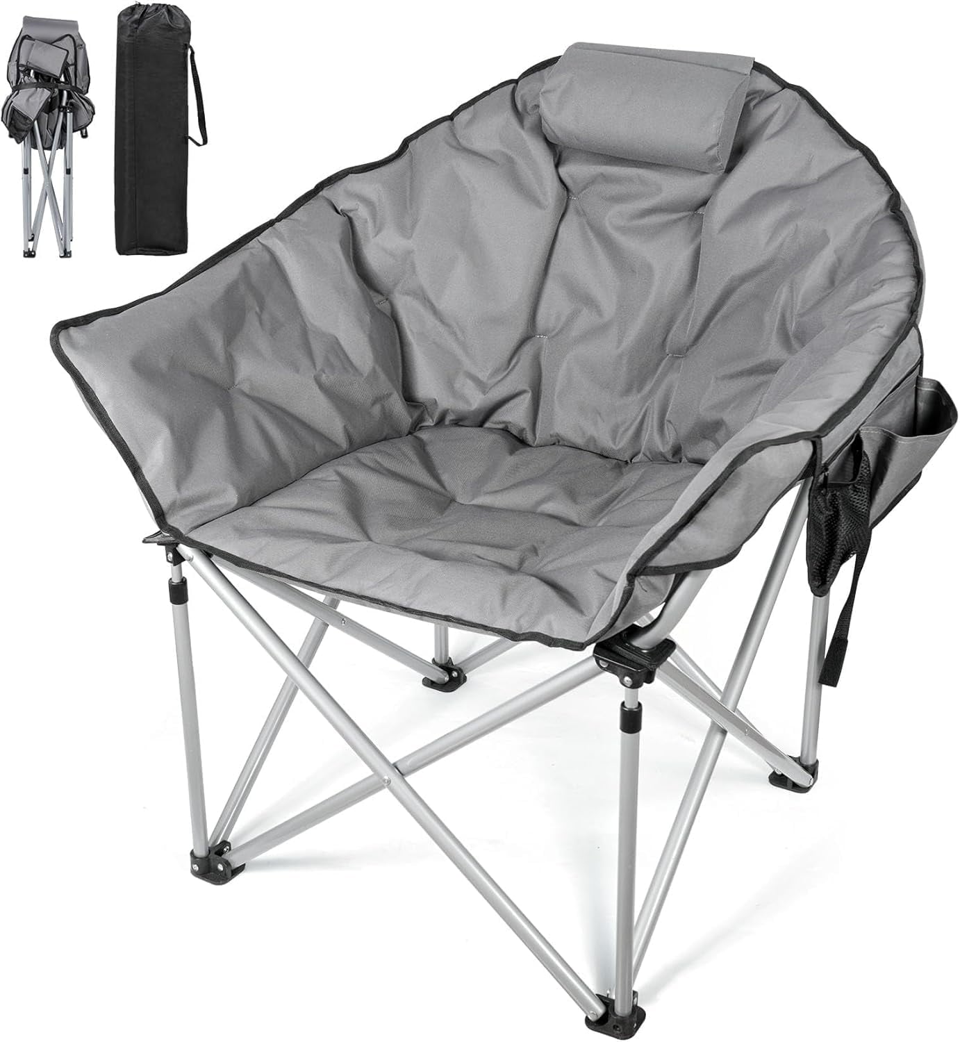 PNKKODW Oversized Camping Chairs for Adults, Folding Chair with Fully Padded Seat & Back, Portable Camping Lounge Chair with Two Side Pockets, Pillow and Carry Bag for Outside, Travel, Picnics Gray