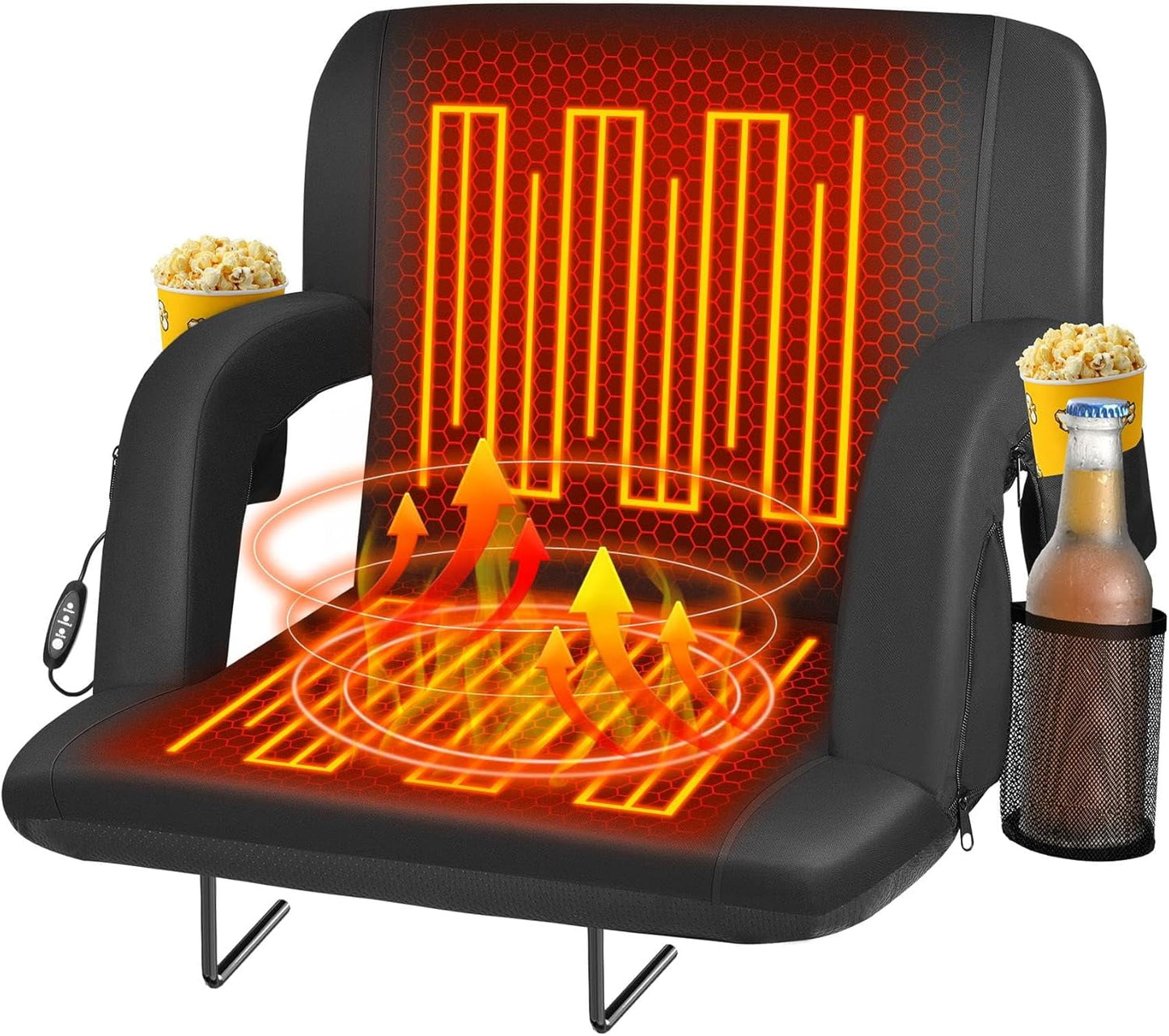 PNKKODW 23" Heated Stadium Seats for Bleachers w/ Back Support and Wide Cushion, Extra Portable Bleacher Seat Foldable Stadium Chair, USB 3 Levels of Heat, 5 Pockets for Outdoor Camping Games Sports