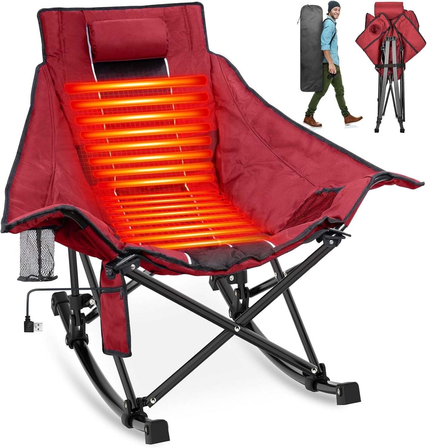PNKKODW Oversized 330lbs Capacity Outdoor Heated Rocking Chair with 3 Heat Levels, Portable Folding Heated Camping Chair for Camp, Lawn, Sports, Winter Use (Battery NOT Included) Wine Red