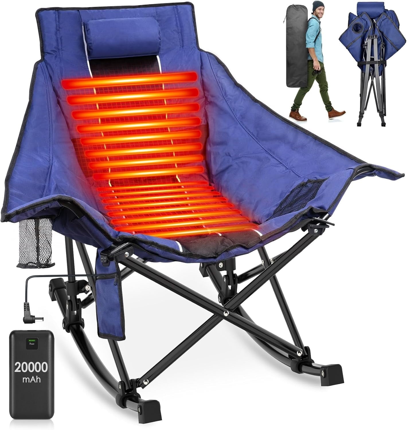 PNKKODW 330lbs Oversized Heated Camping Rocking Chair w/20000mAh Power Bank Portable Folding Outdoor Indoor Rocking Chair for Camp Lawn Sports Winter Blue