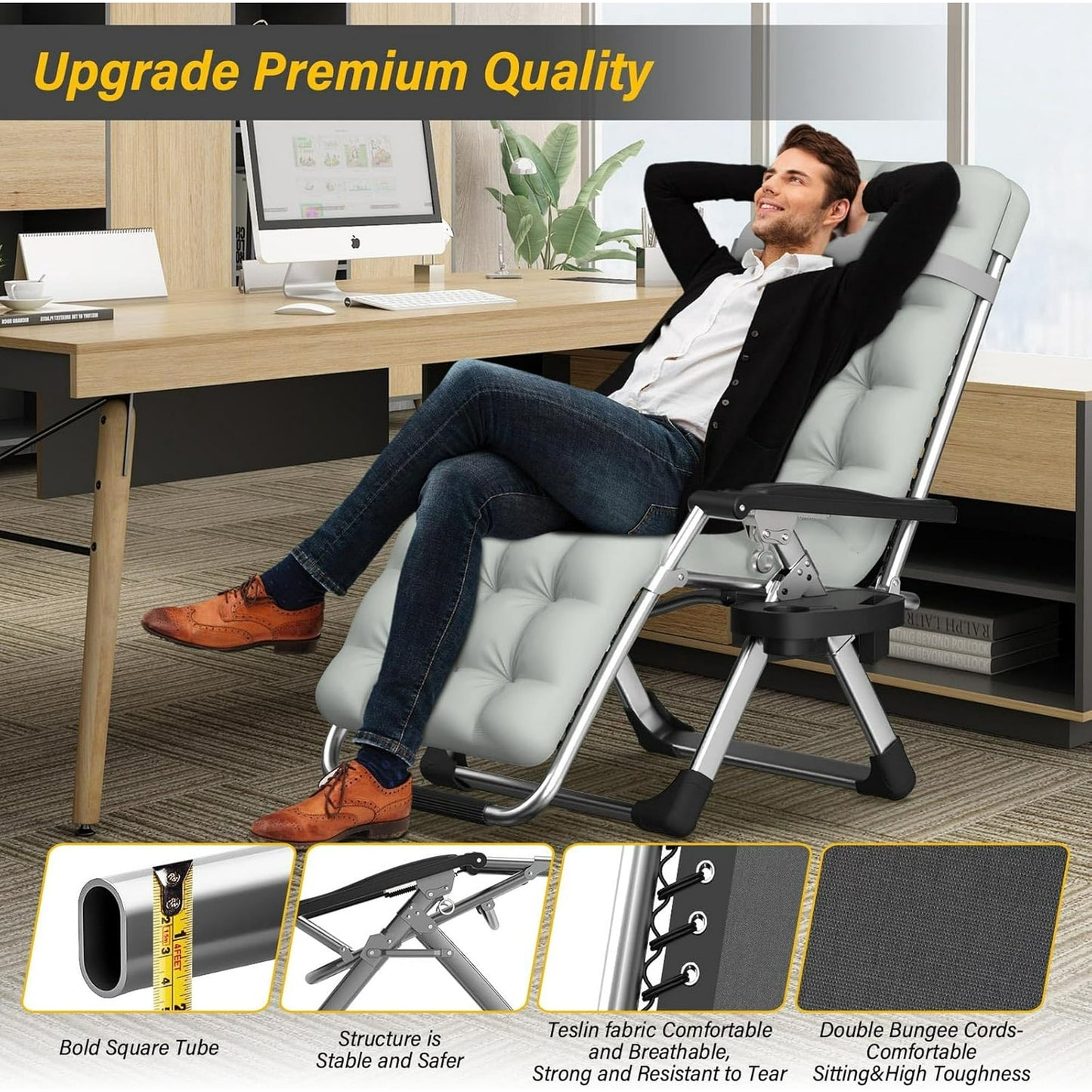 PNKKODW Zero Gravity Chair w/Removable Cushion & Cup Holder, Adjustable Lawn Recliner, 440lbs Capacity Gray