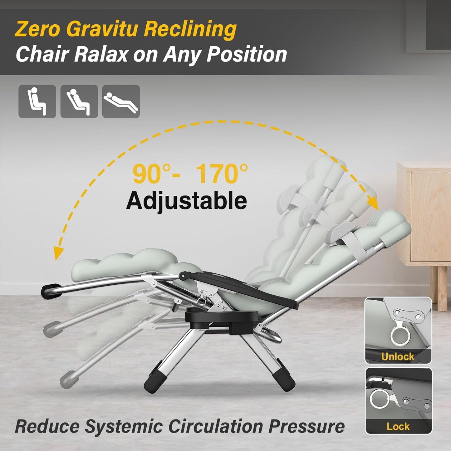 PNKKODW Zero Gravity Chair w/Removable Cushion & Cup Holder, Adjustable Lawn Recliner, 440lbs Capacity Gray