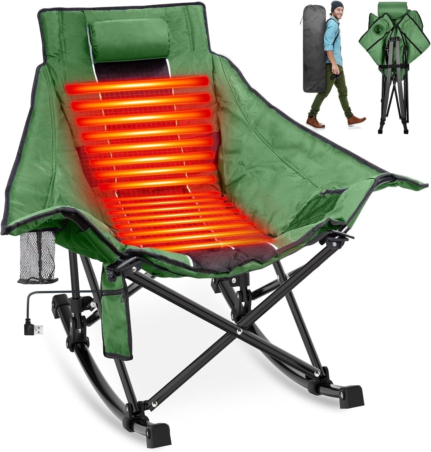 PNKKODW Heated Camping Chair, Oversized Outdoor Rocking Chair with 3 Heat Levels, Portable Folding Heated Chair for Camp, Lawn, Sports, Winter Use (Battery NOT Included)