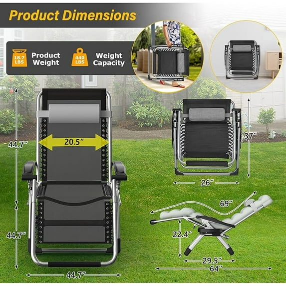 PNKKODW Zero Gravity Chair w/Removable Cushion & Cup Holder, Adjustable Lawn Recliner, 440lbs Capacity Gray