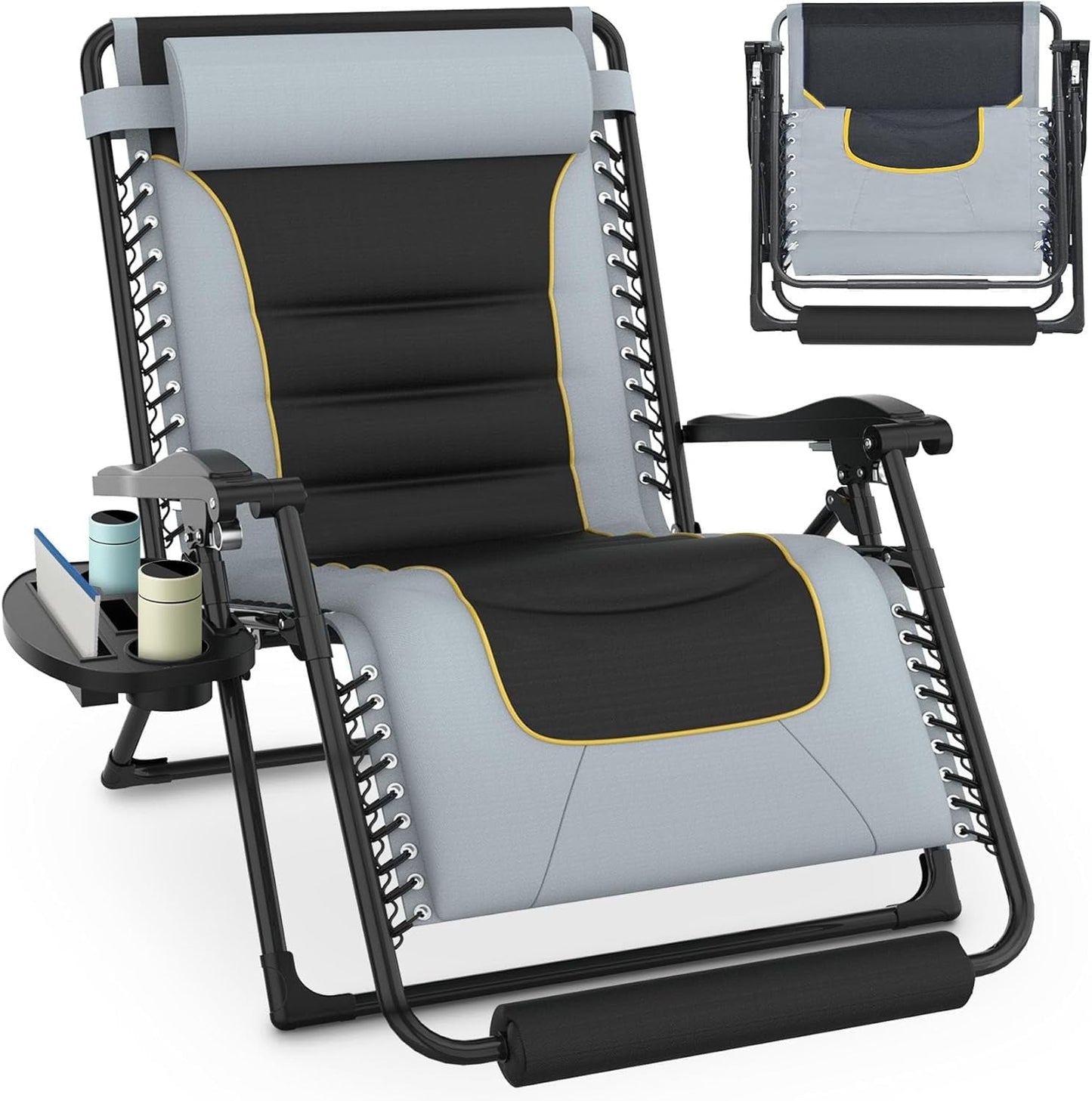 PNKKODW 33Inch 300lbs Oversized Padded Zero Gravity Chair, XXL Reclining Camping Lounge Chair with Large Cup Holder & Footrest, Reclining Patio Chairs Folding Recliner for Outdoor Indoor, Gray