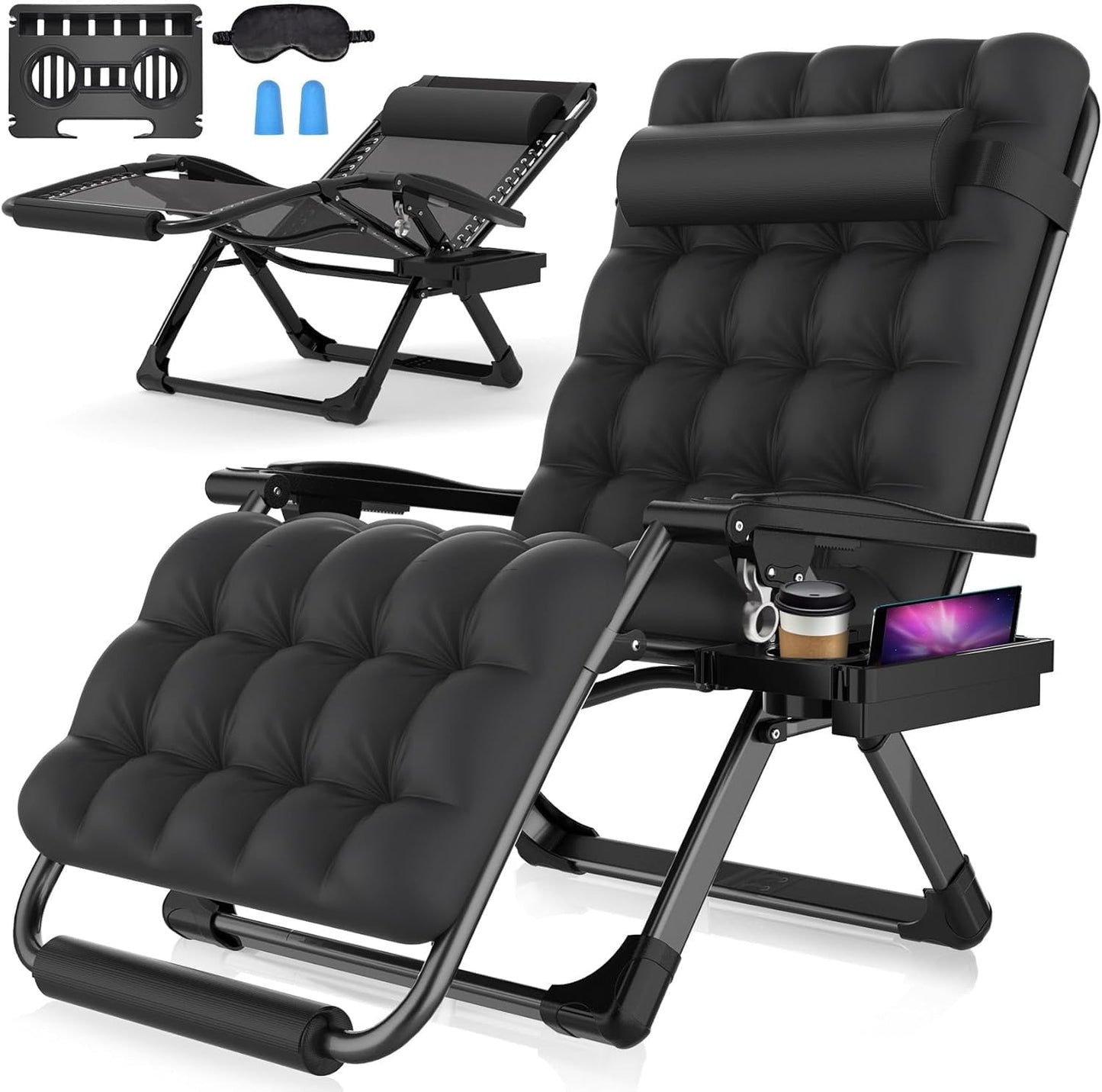 PNKKODW Oversized Zero Gravity Chair,33In XXL Lounge Chair w/Removable Cushion&Headrest, Reclining Camping Chair w/Upgraded Lock and Footrest, Reclining Patio Chairs Recliner for Indoor Outdoor Black
