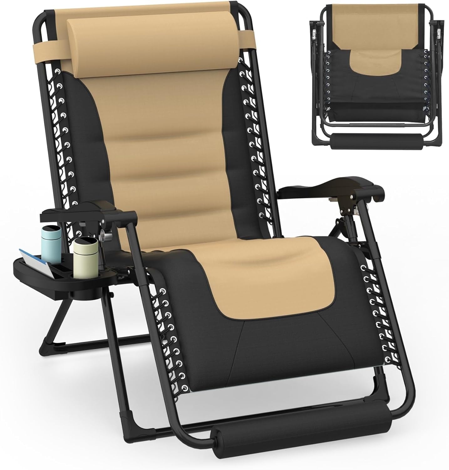 PNKKODW 29" XL 300lbs Oversized Padded Zero Gravity Chair Reclining Camping Lounge Chair with Large Cup Holder & Footrest, Reclining Patio Chairs, Folding Recliner Chair for Outdoor Indoor, Khaki
