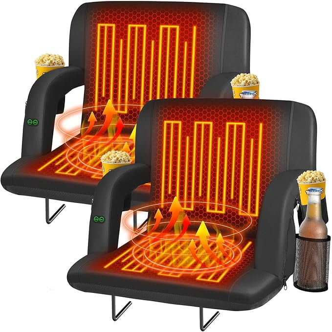 PNKKODW 25" 2pcs Dual-Sided Heated Stadium Seats for Bleachers with Back Support, 3 Levels Heating Stadium Seating for Bleachers Seat with Backrest, 5 Pockets Portable Stadium Chair for Outdoor
