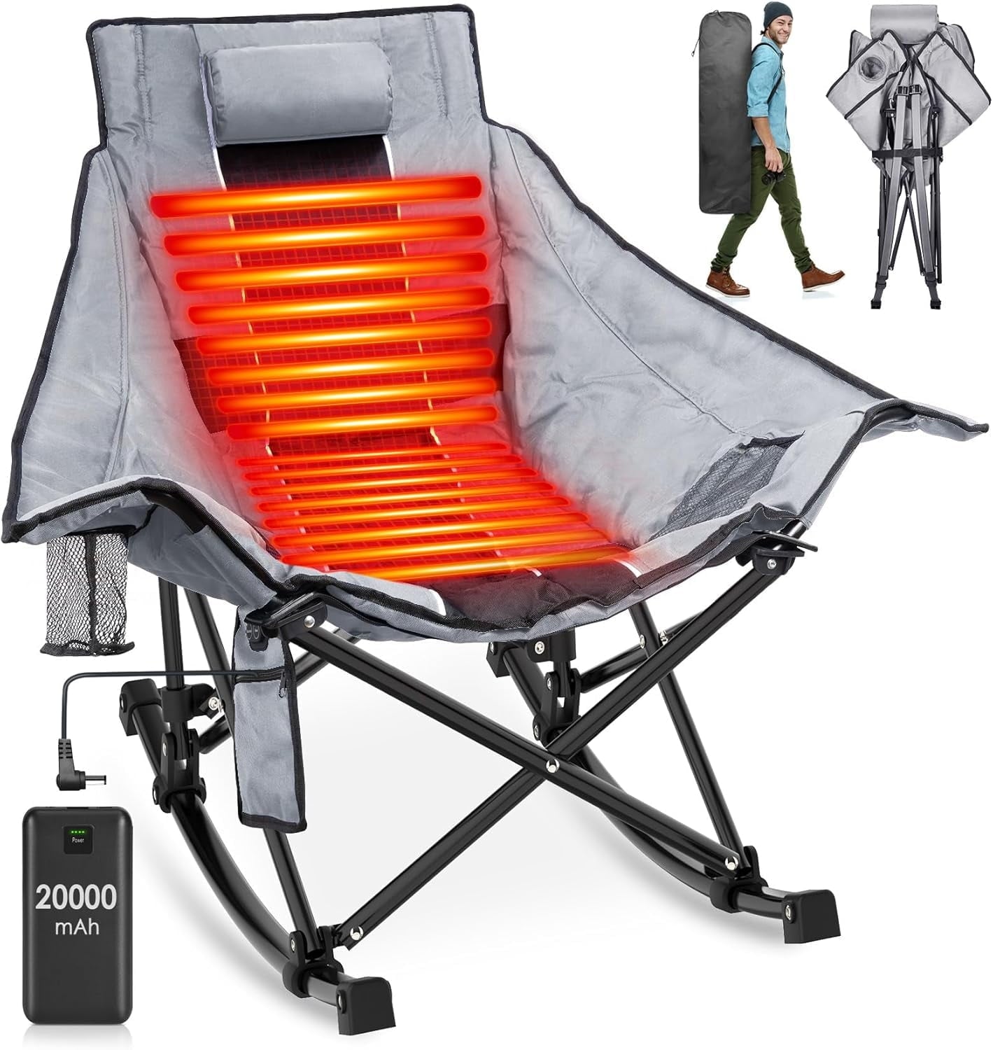 PNKKODW Oversized Heated Camping Rocking Chair w/ 20000mAh Power Bank Outdoor Portable Folding Recliner Reclining Chair for Camp, Lawn, Sports, Winter Use Gray