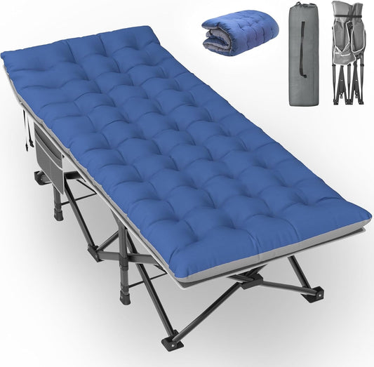 PNKKODW 75"x32" XXL Folding Camping Cot for Adults w/Mattress, Portable Camping Bed, Sleeping Cot with Carry Bag for Office Home Nap, Outdoor, Camping, Travel, Max Load 500lbs Gray Cot Blue/Gray Pad