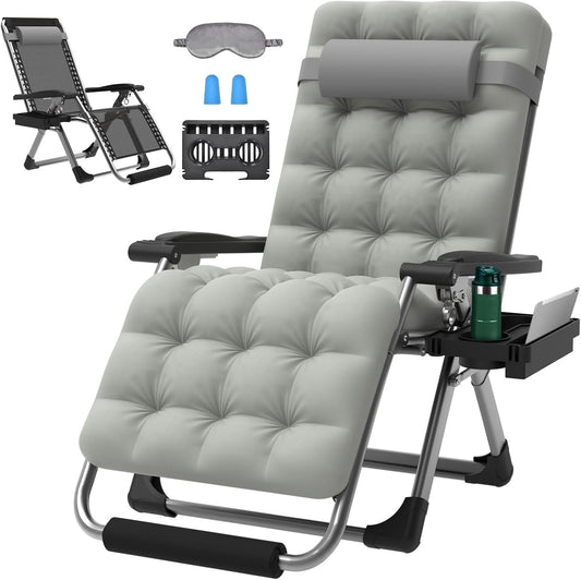 PNKKODW Oversized Zero Gravity Chair,29In XL Lounge Chair w/Removable Cushion&Headrest, Reclining Camping Chair w/Upgraded Lock and Footrest, Reclining Patio Chairs Recliner for Indoor Outdoor Gray