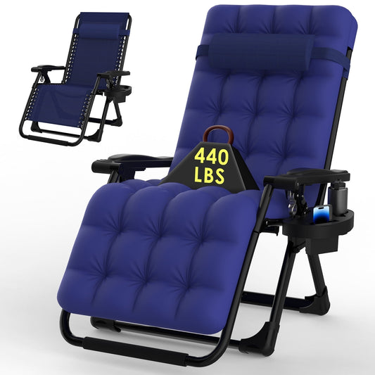 PNKKODW Zero Gravity Chair, Reclining Camping Lounge Chair w/Removable Cushion, Upgraded Lock and Cup Holder, Reclining Patio Chairs Folding Recliner for Indoor and Outdoor Royalblue