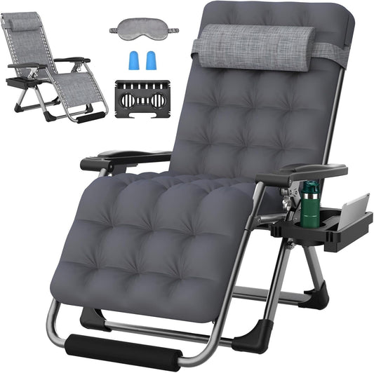 PNKKODW 29In Oversized Zero Gravity Chair,XL Lounge Chair w/Removable Cushion&Headrest, Reclining Camping Chair , Reclining Patio Chairs for Indoor Outdoor Fossil Gray
