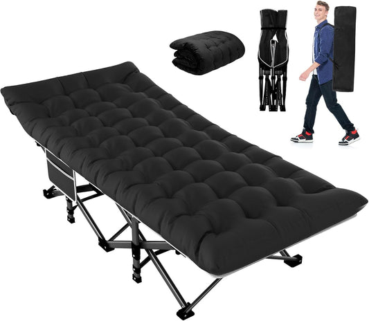 PNKKODW Camping Cot, Folding Camping Cots for Adults, Portable Sleeping Cot with Carry Bag, 1200D Double Layer Oxford, Camp Cot Bed for Guest Travel, Hiking, Support 500lbs, Black