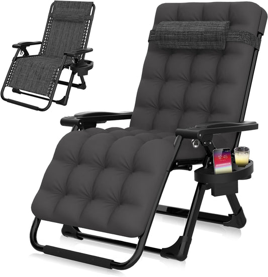 PNKKODW  Zero Gravity Chair, Indoor and Outdoor Reclining Camping Lounge Chair w/Removable Cushion, Cup Holder, Reclining Patio Chairs Folding Recliner Fossil Gray