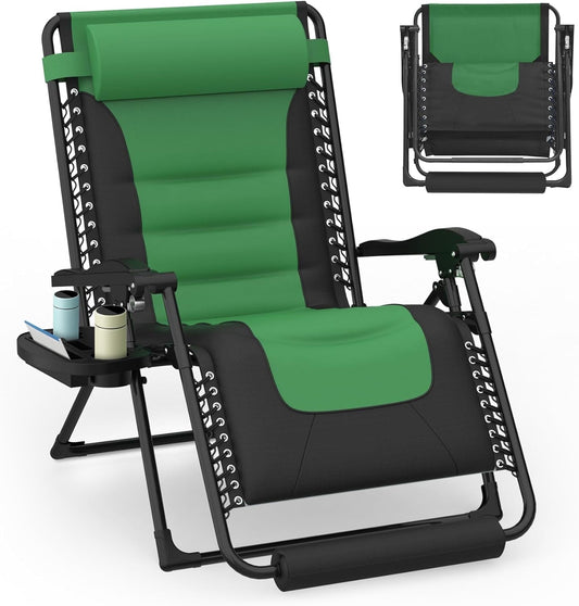 PNKKODW 29" XL 300lbs Oversized Padded Zero Gravity Chair Reclining Camping Lounge Chair with Large Cup Holder & Footrest, Reclining Patio Chairs, Folding Recliner Chair for Outdoor Indoor, Green