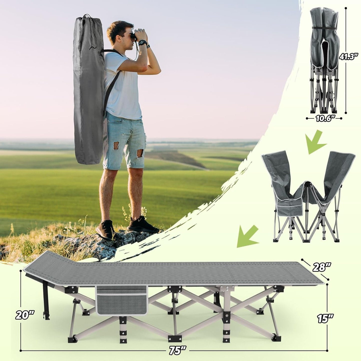 PNKKODW 28" XL Folding Camping Cot for Adults with Mattress, Gray Cot Gray Pad