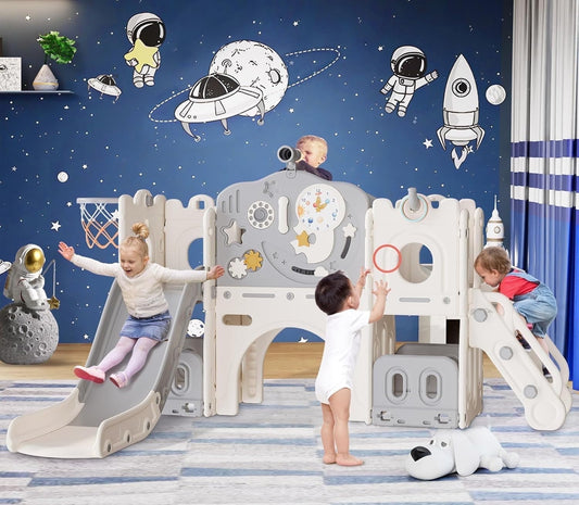 PNKKODW 12 In 1 Astronaut-Themed Toddler Slide Set for Kids Toddler 1-3 Years w/Toys Moon Cloud Stars Phone Basketball Ring Toss - Beige Gray