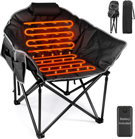 PNKKODW Heated Camping Chair, Oversized Outdoor Portable Heated Folding Chairs with 12V 20,000mAh Power Bank, Heated Foldable Chair Seat, Heating Chair for Outdoor Sports Camping Patio, 650lbs Black