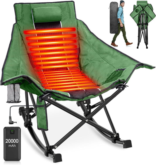 PNKKODW Heated Camping Rocking Chair w/20000mAh Power Bank Oversized Portable Folding Outdoor Chair for Winter Camp Lawn Sports Olive