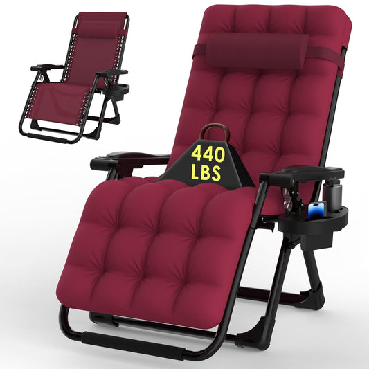 PNKKODW Zero Gravity Chair, Reclining Camping Lounge Chair w/Removable Cushion, Upgraded Lock and Cup Holder, Reclining Patio Chairs for Indoor and Outdoor Claret