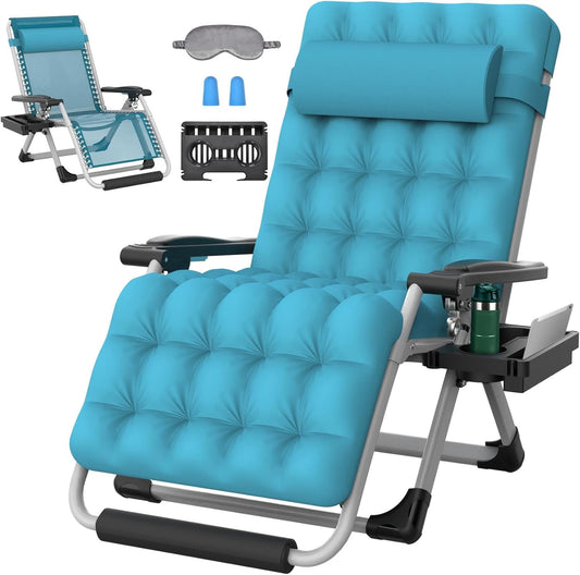 PNKKODW Oversized Zero Gravity Chairs XXL, 33IN Padded Zero Gravity Lounge Chair, Folding Reclining Patio Chair Lawn Recliner w/Aluminum Alloy Lock, Headrest, Cup Holder, Support 500lbs, Light Blue