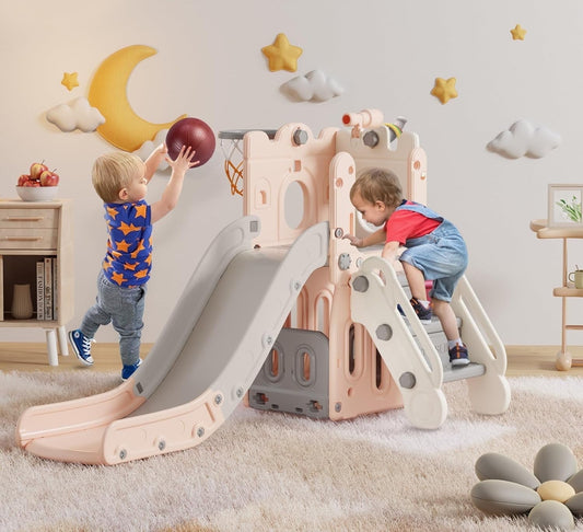 PNKKODW 7 in 1 Toddler Slide for Age 1+ 154lbs Capacity Outdoor Indoor Kids Slide Playset w/Basketball Hoop and Ball, Ring Toss, Storage Space Pink Gray