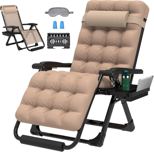 PNKKODW 29In Oversized Zero Gravity Chair,XL Lounge Chair w/Removable Cushion&Headrest, Reclining Camping Chair w/Upgraded Lock and Footrest, Reclining Patio Chairs Recliner for Indoor Outdoor khaki