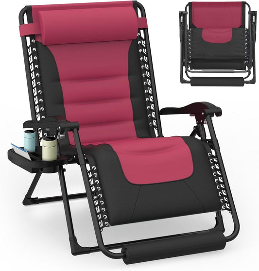 PNKKODW 29" XL 300lbs Oversized Padded Zero Gravity Chair Reclining Camping Lounge Chair with Large Cup Holder & Footrest, Reclining Patio Chairs, Folding Recliner Chair for Outdoor Indoor, Wine Red