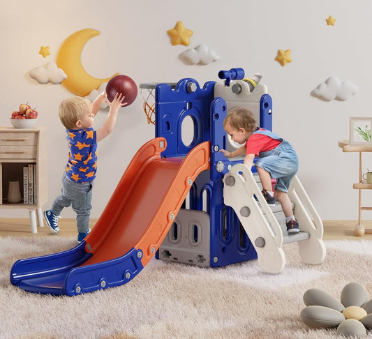PNKKODW 154lbs 7 in 1 Toddler Slide for Toddlers Age 1+  w/Basketball Hoop and Ball Ring Toss w/Storage Space L-Shaped Outdoor Indoor Kids Toddler Playground Slide Playset Blue Orange