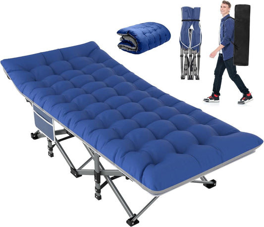 PNKKODW 75"x28" XL Folding Camping Cot for Adults w/Mattress, Portable Camping Bed, Sleeping Cot with Carry Bag for Office Home Nap, Outdoor, Camping, Travel, Max Load 500lbs Blue Cot Blue/Gray Pad